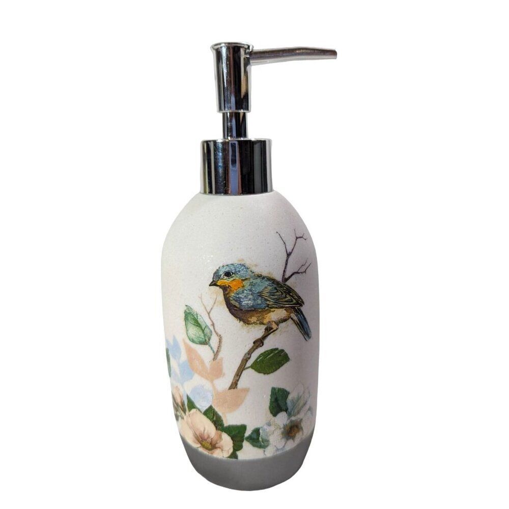 Bluebird Soap Dispenser Bird on Branch Ceramic Plastic Pump Blue White Bath Gift
